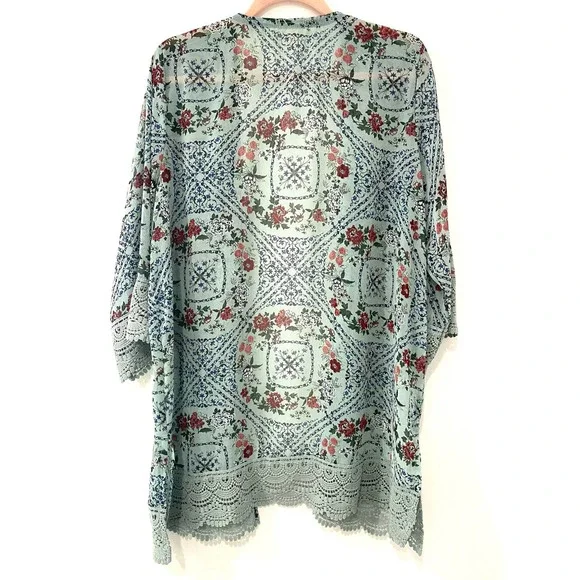 Kimono Women's Size Large Floral Green Lace Trimmed Boho Cottage Core Cardigan - Picture 5 of 6